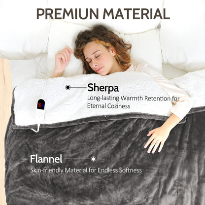 HOW'S MY HOUSE Heated Blanket Throw 50" x 60", Electric Blanket with 12 Time Settings & 6 Heating Levels, Over-Heat Protection, Flannel Sherpa Super Cozy with ETL Certification, Gray