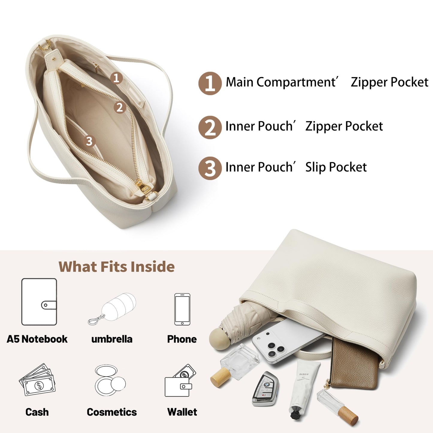 DAILANDO Genuine Leather Top Handle Satchel Purse for Women, Medium Trendy Tote Hobo Bag with Organizer Insert Zipper Pouch (2-White)