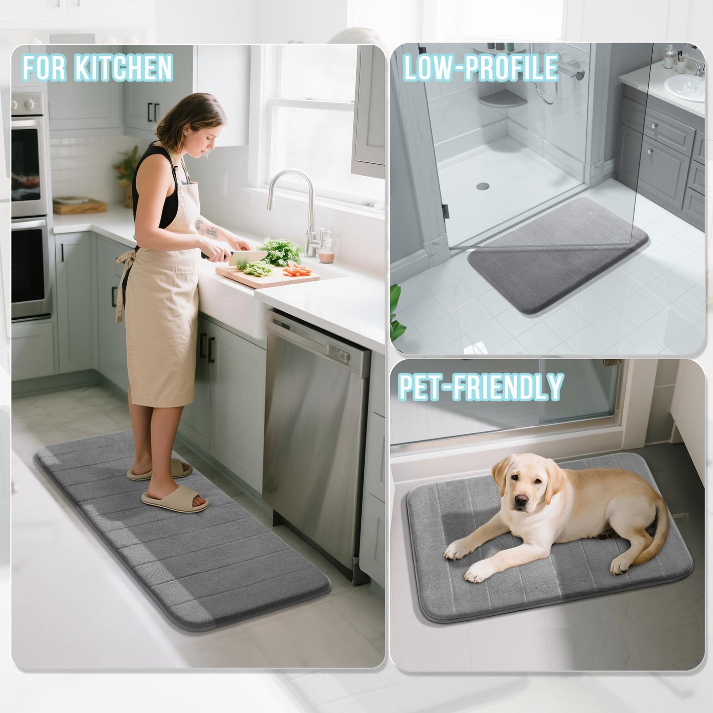 Yimobra U-Shaped Toilet Bath Mat Set 2 Piece - Super Soft Absorbent Quick Dry Memory Foam Bathroom Rugs, Machine Washable Non Slip Floor Carpet for Tub Shower & Single Sink (17x24 & 24x20, Gray)