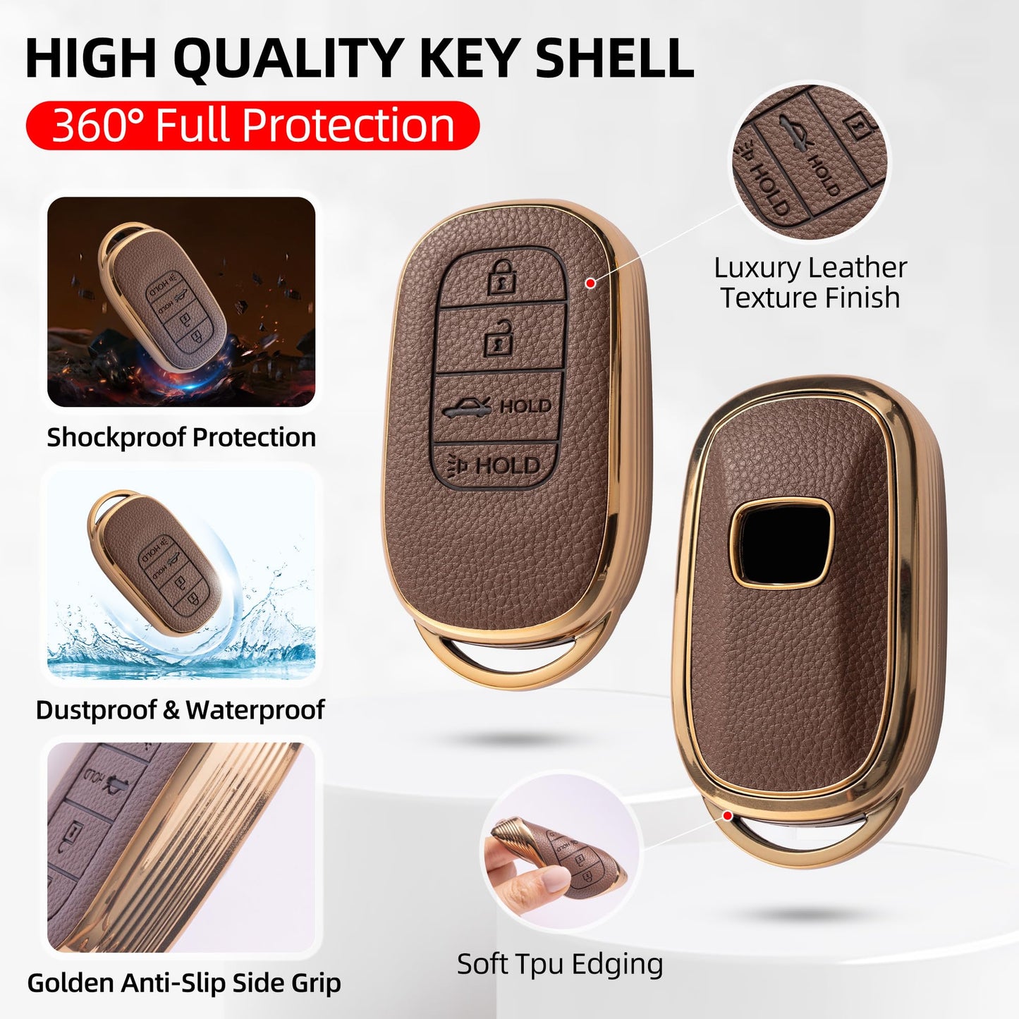 GripKeyShell™ for Honda Key Fob Cover, Leather + Soft TPU Car Key Case with Keychain Compatible with 2022-2026 Civic Accord CR-V HR-V Pilot Passport, Full Protection Car Key Accessories