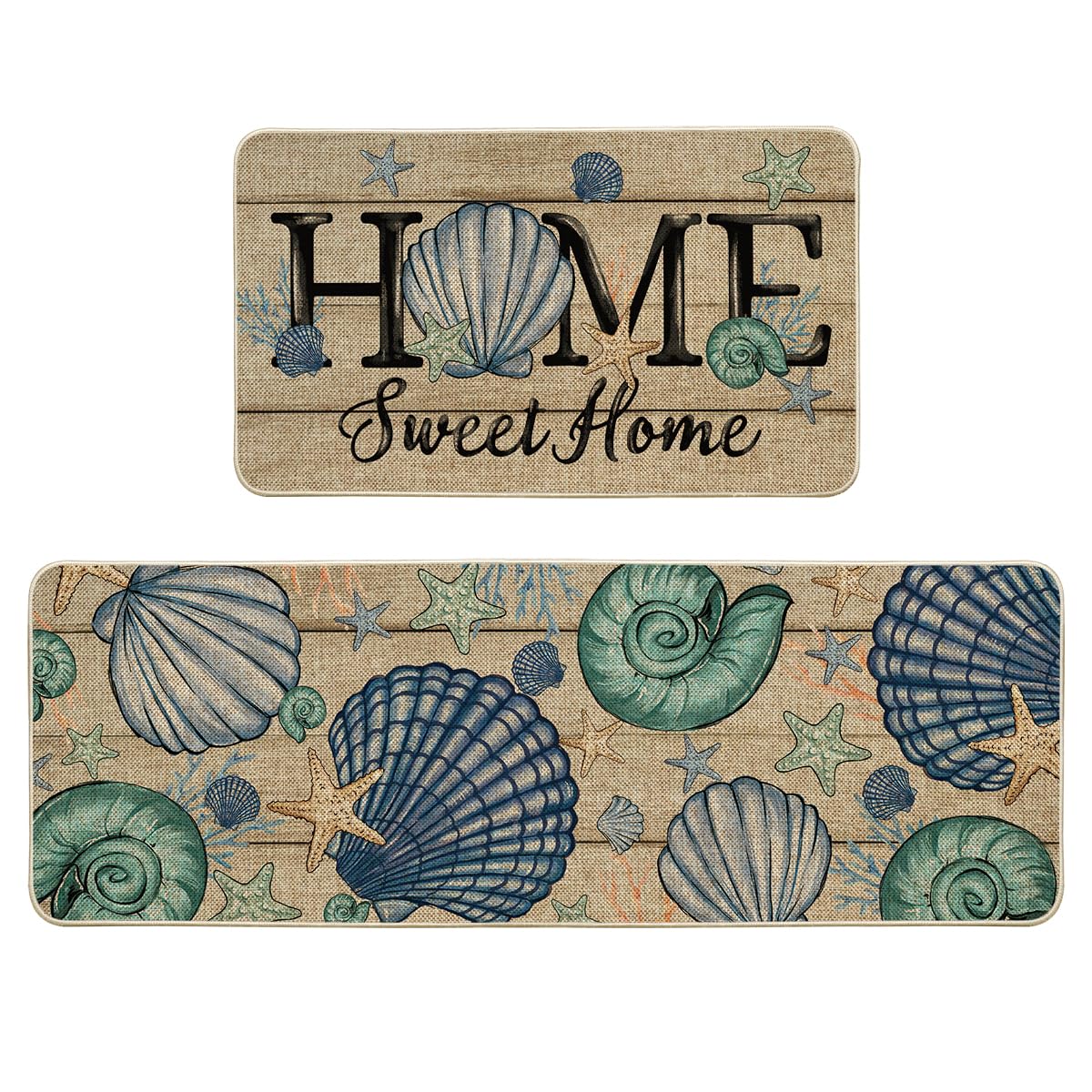 Artoid Mode Blue Conch Starfish Summer Kitchen Mats Set of 2, Seasonal Sweet Home Decor Low-Profile Kitchen Rugs for Floor - 17x29 and 17x47 Inch