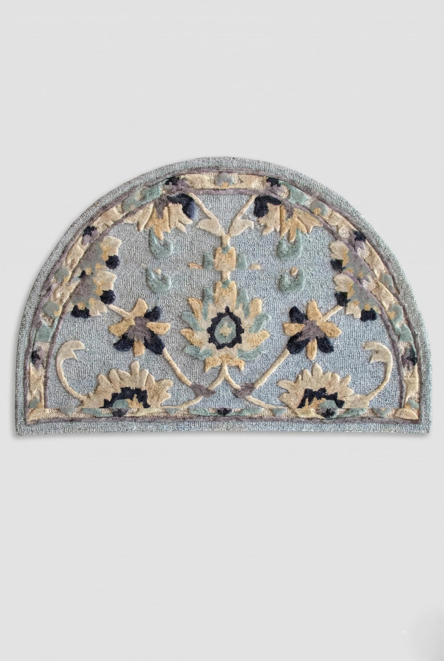 LR Home 2x4 Wool Hearth Rug, Semi Circle Floral Farmhouse Area Rug, Blue/Gray Indoor Transitional Rug for Fireplace, Entryway, Living Room & Bedroom