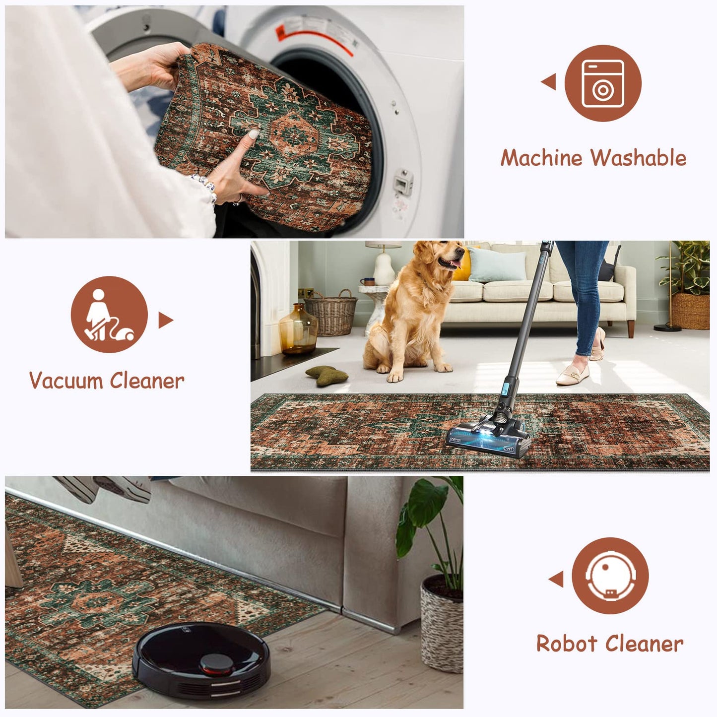 Moynesa Ultra-Thin Washable Vintage Area Rug - 3x5 Boho Non-Slip Entryway Rug Oriental Medallion Living Room Rug Entrance Mat Carpet for Kitchen Laundry Bathroom Bedroom, Brick Red/Dull Teal