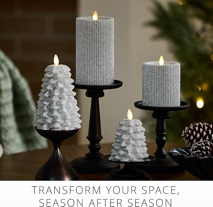 Luminara Brilliant Silver Glitter Ribbed Flameless LED Candle Moving Flame Pillar, Real Wax, Flat Top, Timer (3.25" x 6.5")