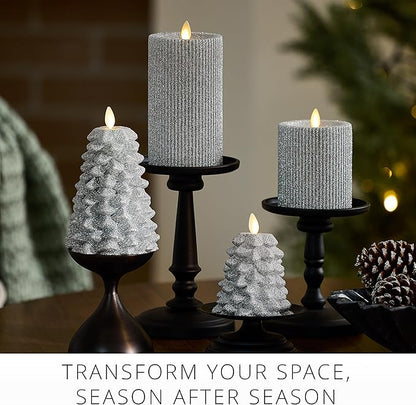 Luminara Brilliant Silver Glitter Ribbed Flameless LED Candle Moving Flame Pillar, Real Wax, Flat Top, Timer (3.25" x 6.5")
