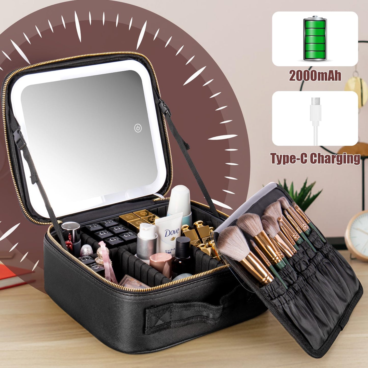 Extrei Gent Makeup Travel Train Case with Mirror LED Light 3 Adjustable Brightness Large Cosmetic Bag Portable Storage Adjustable Partition Waterproof Makeup Brushes Make up Jewelry Gift for Women