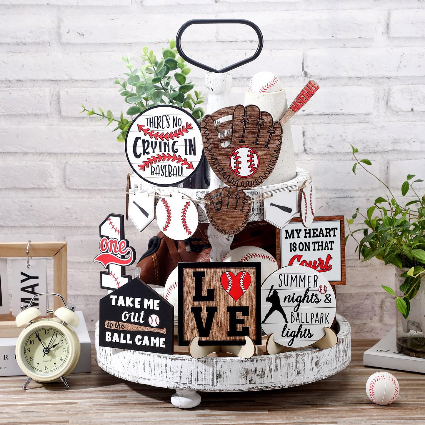 13 Pcs Baseball Tiered Tray Decor Wooden Table Centerpieces Rustic Wooden Baseball Game Sign for Fans Theme Party Ceremony
