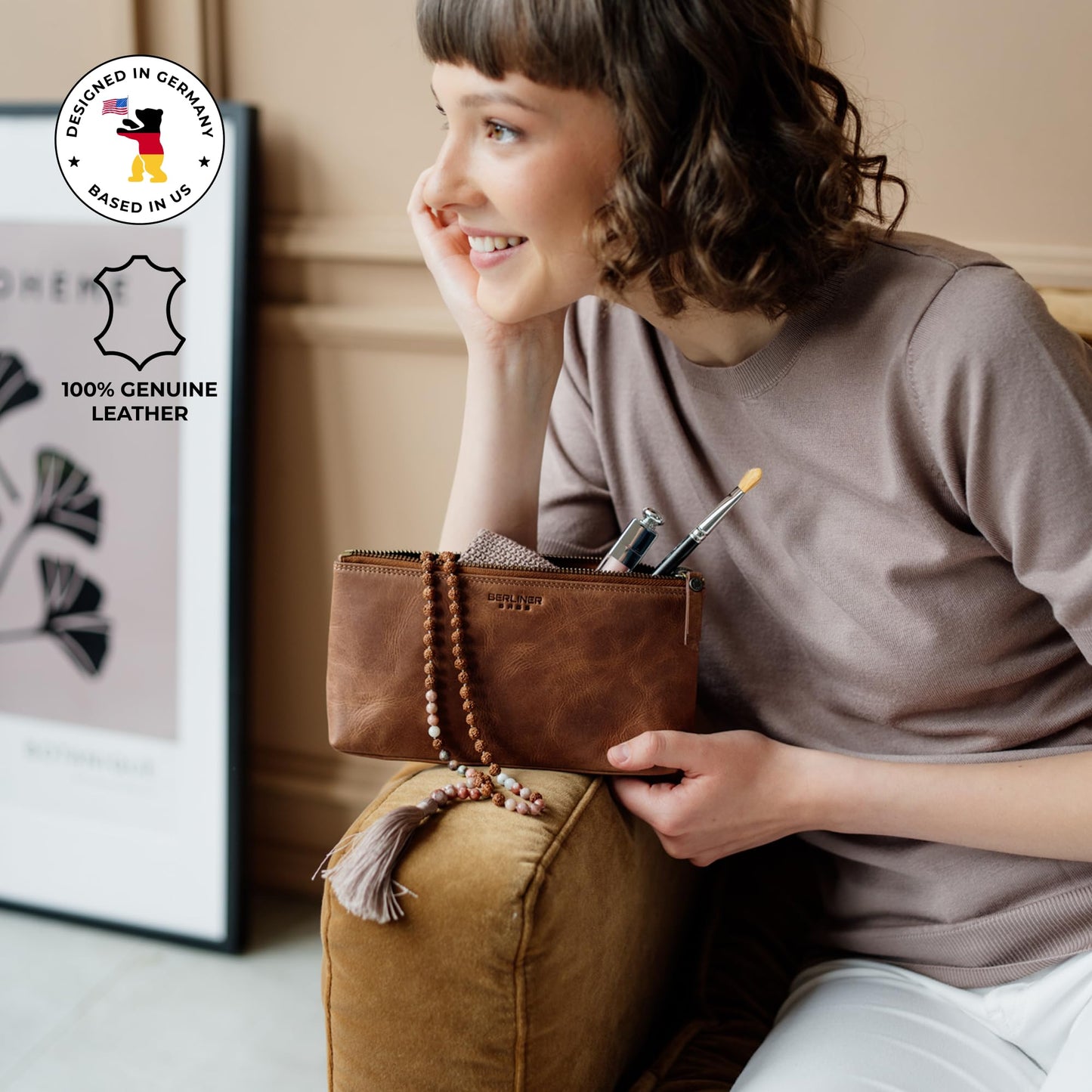 BERLINER BAGS Vintage Genuine Leather Makeup Bag Anna, Cosmetic Bag for Purse, Travel and Cosmetics Pouch with Zipper for Women- Brown
