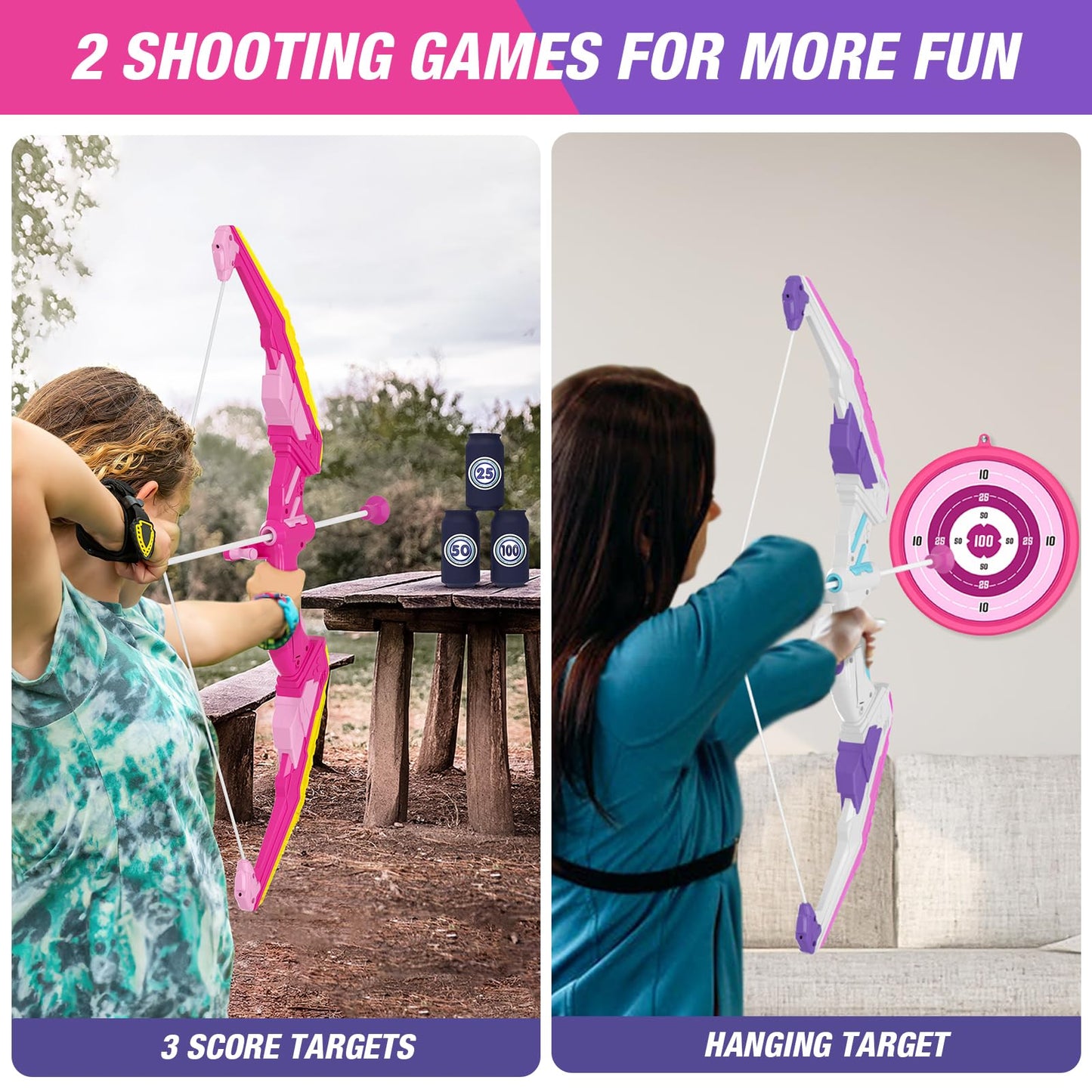 HYES 2 Pack Bow and Arrow for Kids, LED Light Up Archery Set with 24 Suction Cup Arrows, 2 Hanging Targets, 6 Score Targets & 2 Quiver, Indoor Outdoor Sport Toys for Girls Ages 4-12