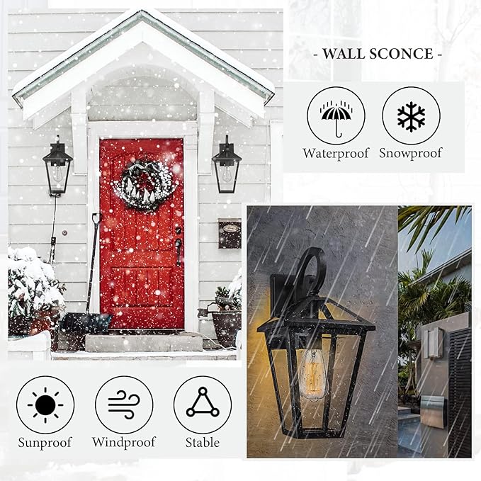 Outdoor Light Fixtures Wall Mount, Waterproof Exterior Wall Lanterns with Glass, Outside Wall Sconces, Front Porch Lights for House Garage Doorway Patio (Black, Clear Glass)