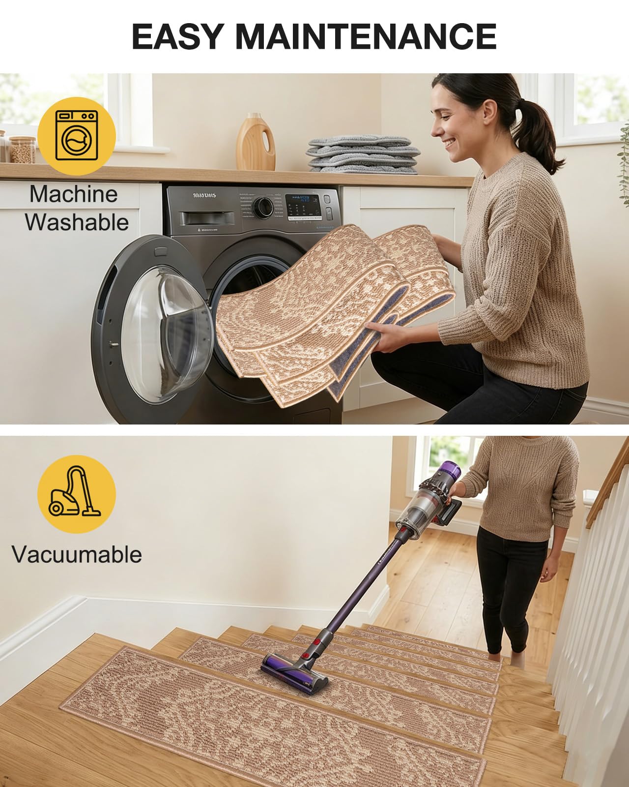 SALLOUS Soft Carpet Stair Treads for Wooden Steps, 15 Pack 8"x30" Non Slip Washable Stair Runners for Indoor Stairs, Quiet & Comfortable Peel and Stick Stair Mats for Kids, Dogs & Elderly (Yellow)