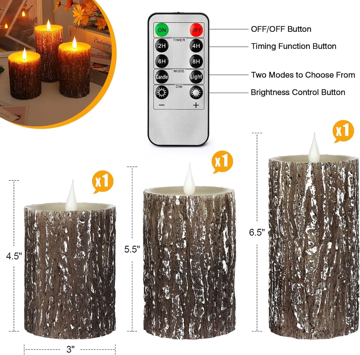 AKU TONPA Pine Bark Effect Flameless Candles Battery Operated Pillar Real Wax Flickering Electric LED Candle Sets with Remote Control Cycling 24 Hours Timer, 3" x 4" 5" 6" Pack of 3
