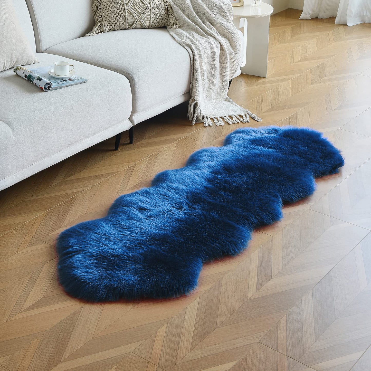duduta Navy Blue Faux Sheepskin Runner Rugs 2x6 ft, Fluffy Shag Bedroom Bedside Rug Fur Couch Sofa Covers Washable