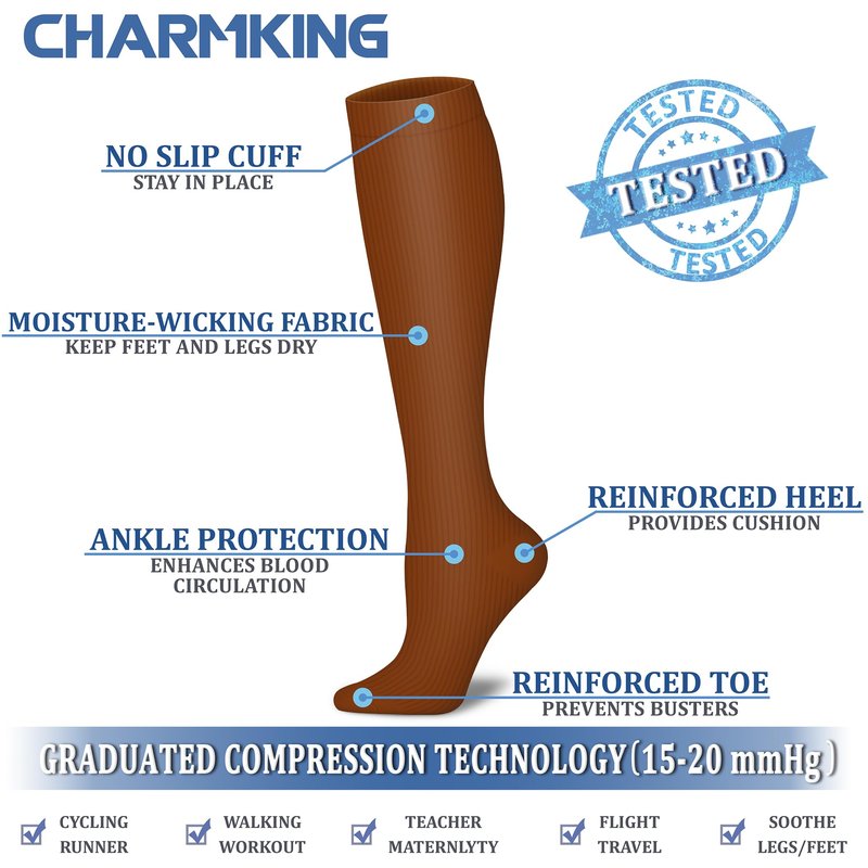 CHARMKING 6 Pairs-Compression Socks for Women & Men Circulation Best Support for Nurses, Running, Athletic,Flight Travel (Multi 01,L/XL)