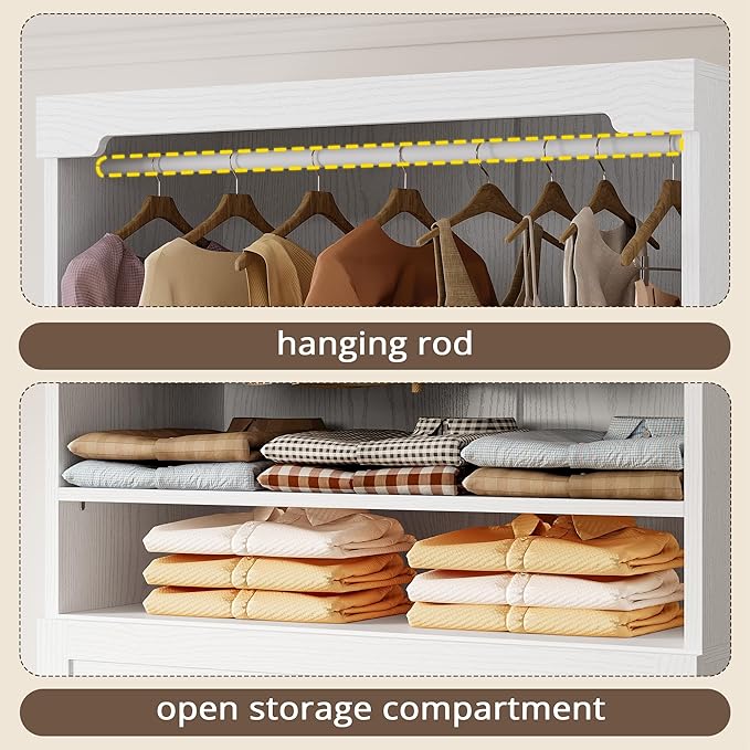 IRONCK Freestanding Closet System with 3 Wood Drawers, Modern Armoire Wardrobe with Adjustable Shelves & Hanging Rod, Walk-in Closet Systems Organizer for Small Closet, 31.5" White