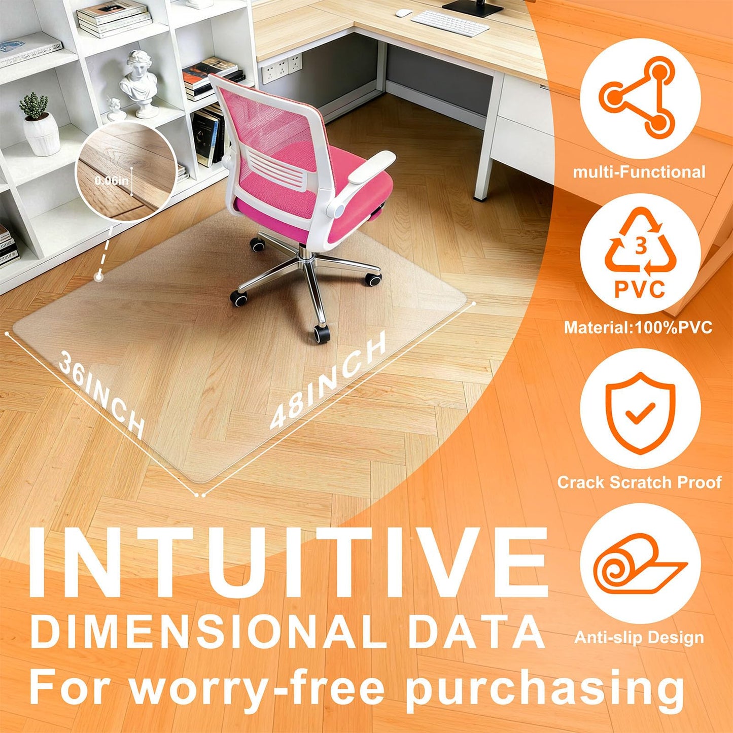 Plastic Chair Mat for Hard Floors, Heavy Duty Anti-Slip Clear Mats Wood/Tile Protector for Rolling Chair, Home & Office Use (36" x 48" Rectangle)