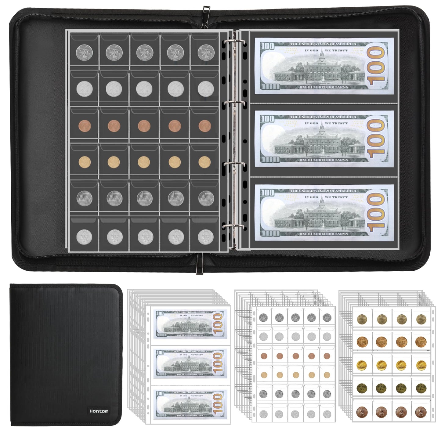 Coin Collection Album Holder for Collectors, 400 Pockets Fireproof Coin Collection Book & 36 Paper Money Organizer Binder for Coin Currency Collection Supplies,Pennies,Bill,Tokens,Badges