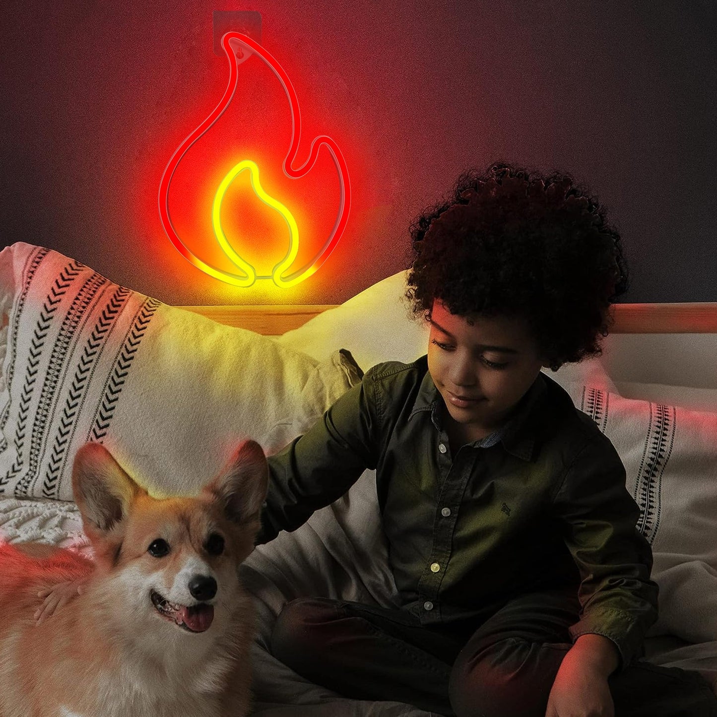 Fire Flame Neon Sign, Flame Led Light Sign for Wall Decor, Hanging Flaming Fire Neon Light, USB or Battery Powered Fire Neon Sign for Home, Bedroom Wall Décor, Party, Bar, Christmas Birthday Gift