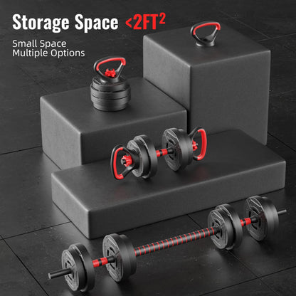 Fitvids Multi-Functional Portable Changeable Dumbbell and Barbell Kettlebell Set with Adjustable Weights, 40LBS or 60LBS Sets, 2-in-1 or 4-in1, Multiple Sizes