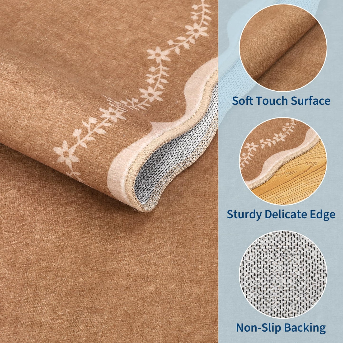 GarveeHome Round Area Rugs 4ft for Kids Room, Solid Brown Scalloped Washable Circle Rug Soft Non Slip Floral Print Floor Mat Carpet Indoor Thin Tent Rug for Bedroom Dining Room Playroom Nursery