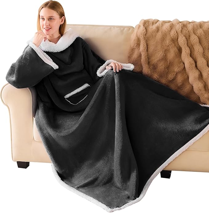 IFNOW Sherpa Wearable Blanket with Sleeves for Women Men Adults, Cozy Wearable Blanket with Arm and Pocket, Warm Full Body TV Wrap Throw Blanket, Soft Robe Blanket as Gifts for Mom Wife, Black