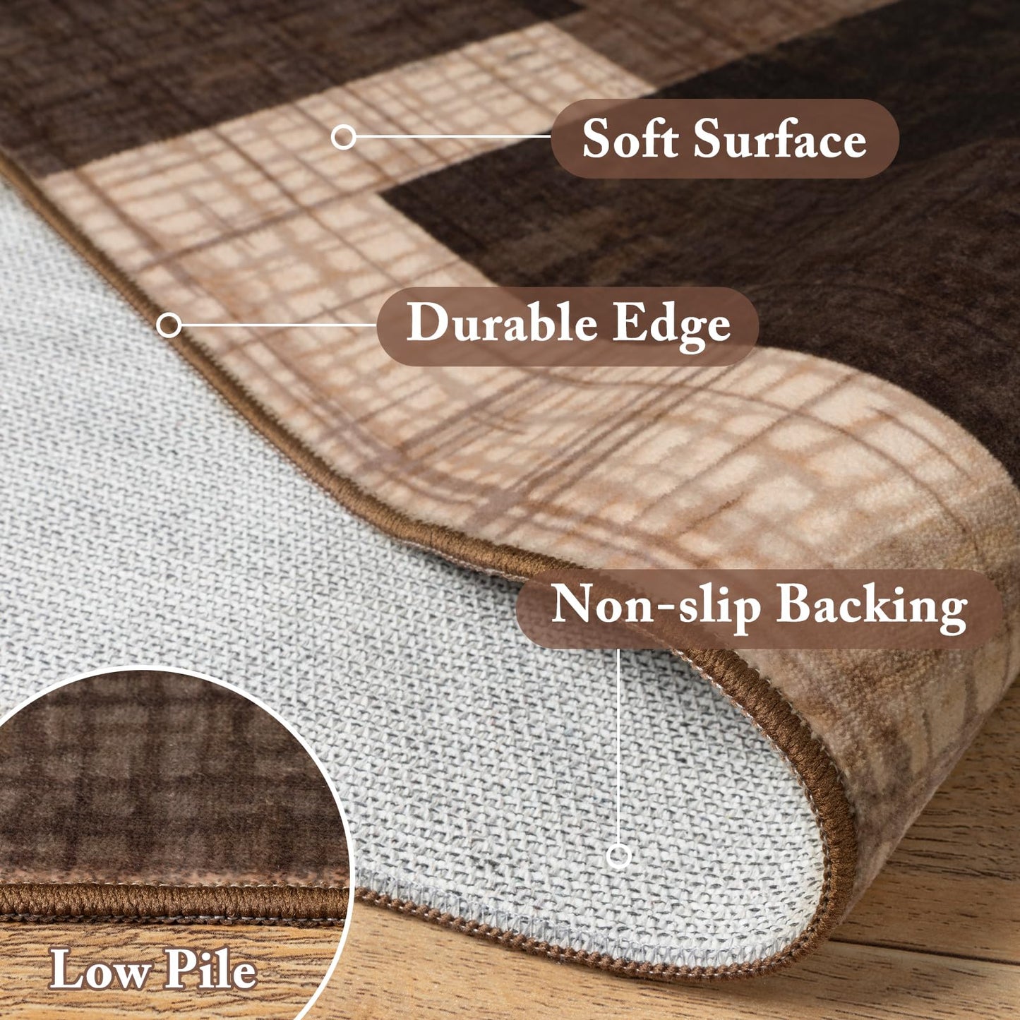 Ailyei Washable 2x6 Runner Rug for Hallway Kitchen Bedroom, Modern Geometric Patchwork Grid Print Non Slip Carpet, Soft Stain Resistant Long Runner with Rubber Backing, Chocolate