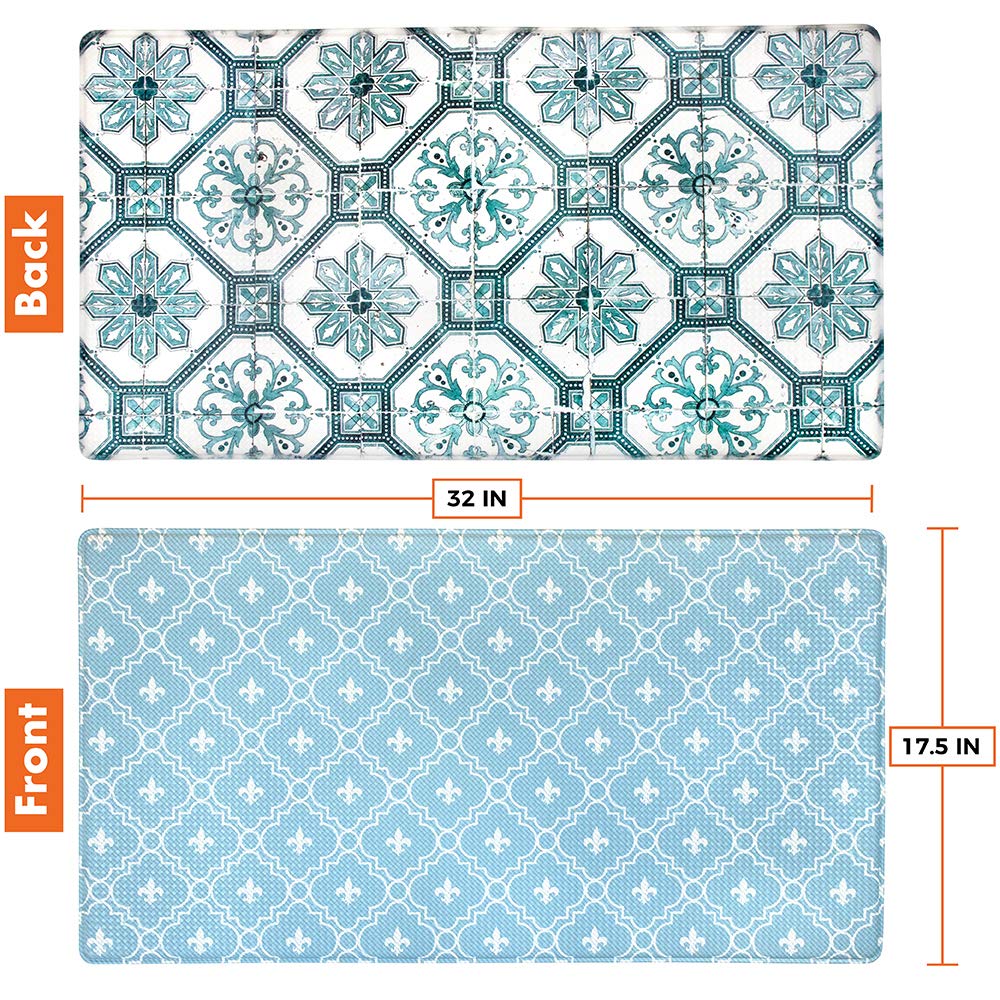 OPUX Anti Fatigue Kitchen Floor Mat, Reversible Cushioned Memory Foam Kitchen Rug Pad, Waterproof Non-Slip Padded Comfort Standing Mat Office Laundry Home, 32x17 (Floral Tile Blue)