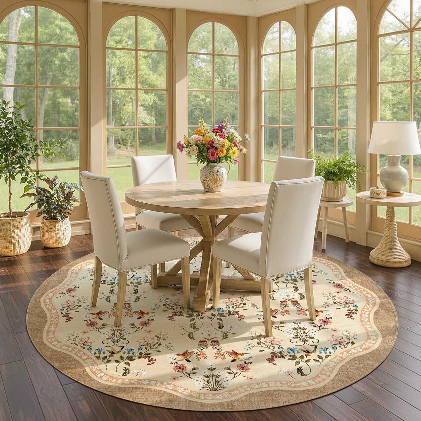 jinchan 8ft Circle Rug Floral Washable Carpet Non Slip Indoor Netural Flower Large Area Rug Round Low Pile Soft Carpet for Living Room Bedroom Dining Room Light Taupe