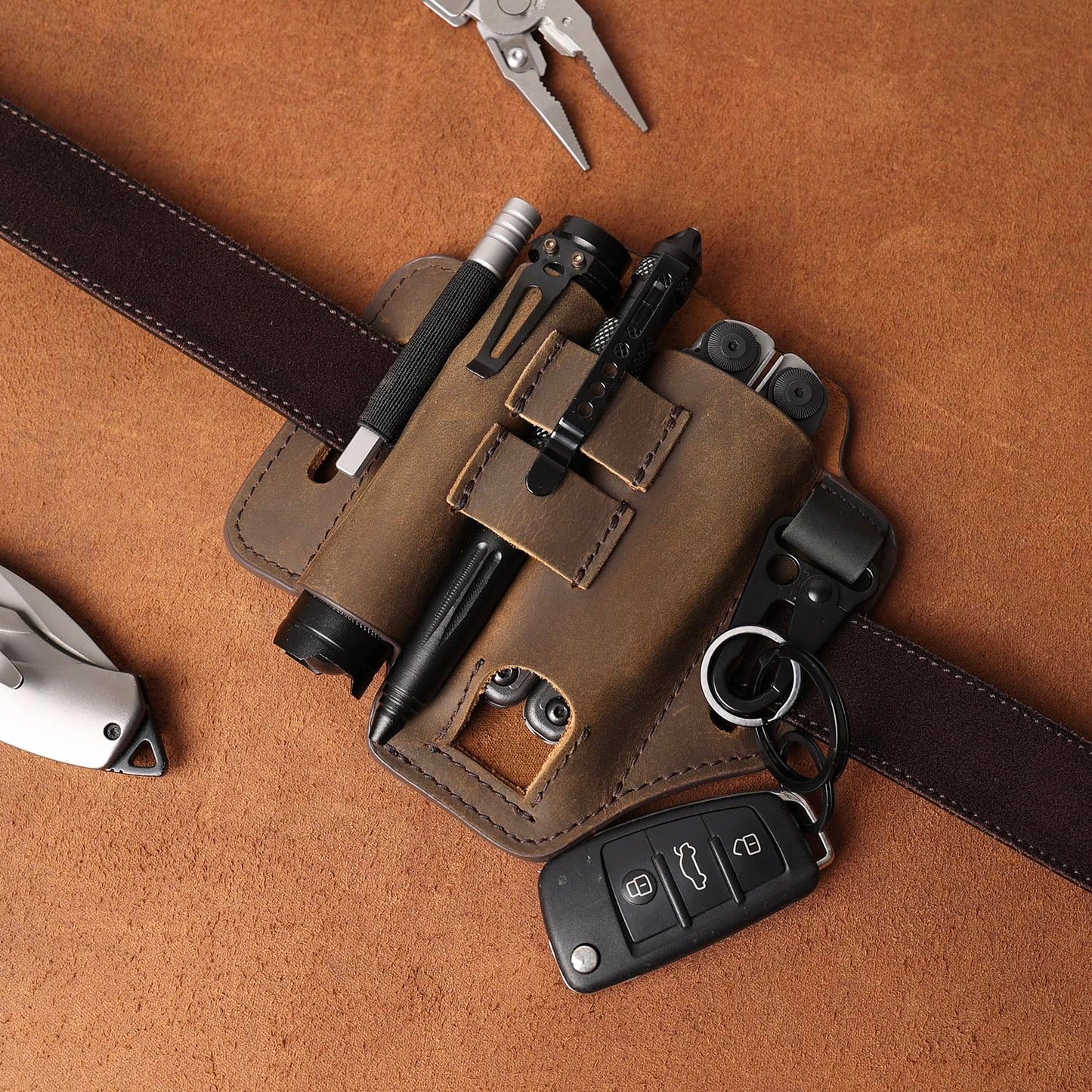 Gentlestache Multitool Leather Sheath for Belt, EDC Organizer, Multitool Pouch,Leather EDC Sheath with Elastic Band Pen Holder, Flashlight Holder and Keychain Clip, Practical Belt Pouch for EDC Gears