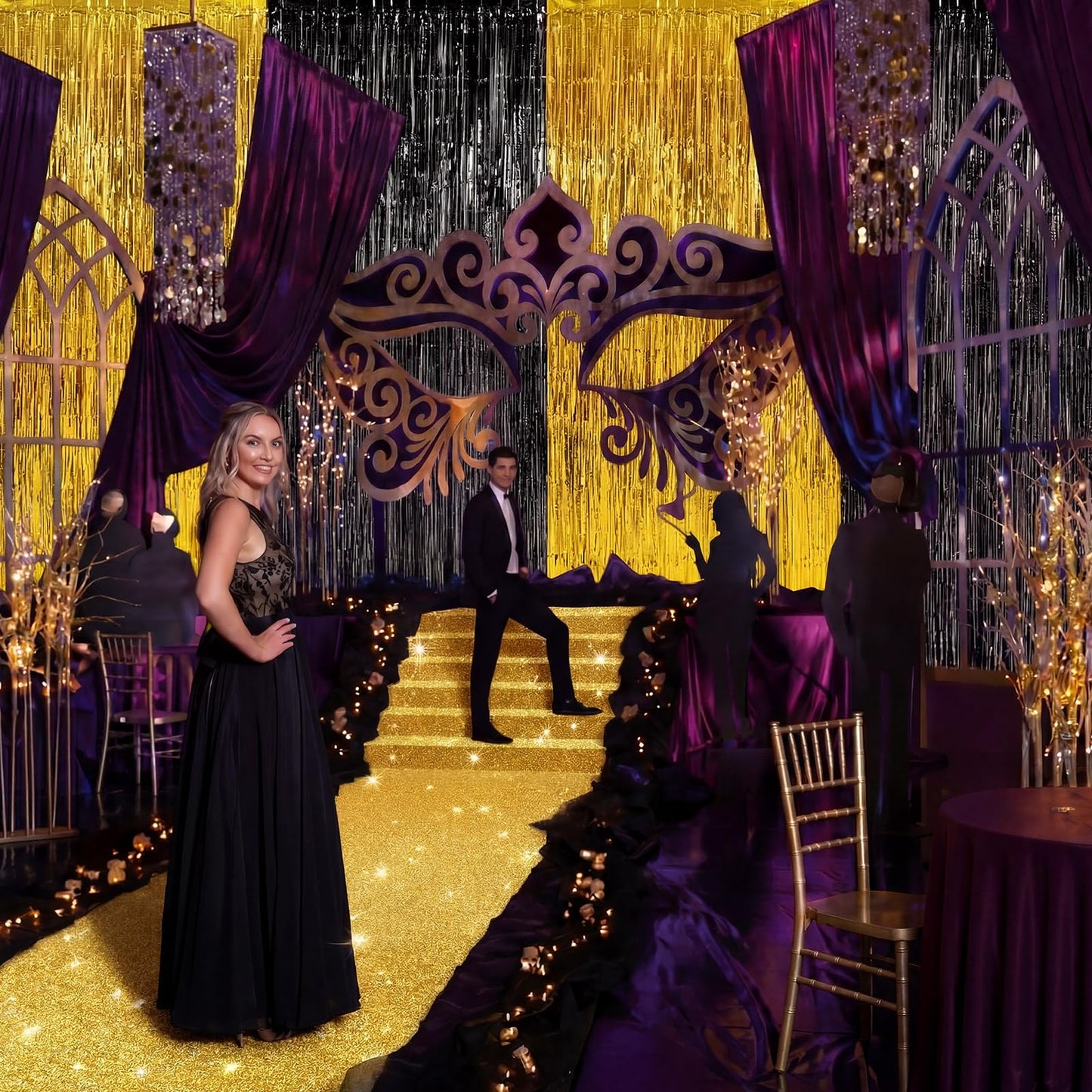 Moukeren 2026 Graduation Prom Decoration 2.5 x 30 ft Gold Carpet Runner with 4 Metal Tinsel Tassel Curtains for College Graduation Ceremony Birthday Wedding Party Decor