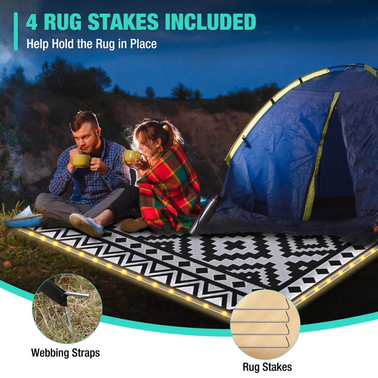 HAUSHOF 5'X8' Outdoor Rug Waterproof with LED Strip Light, Reversible Outdoor Plastic Straw Rug, Patio Rug with 4 Rug Stakes, Outdoor Carpet Mat for RV, Camping, Beach, Porch, Balcony, Black&White