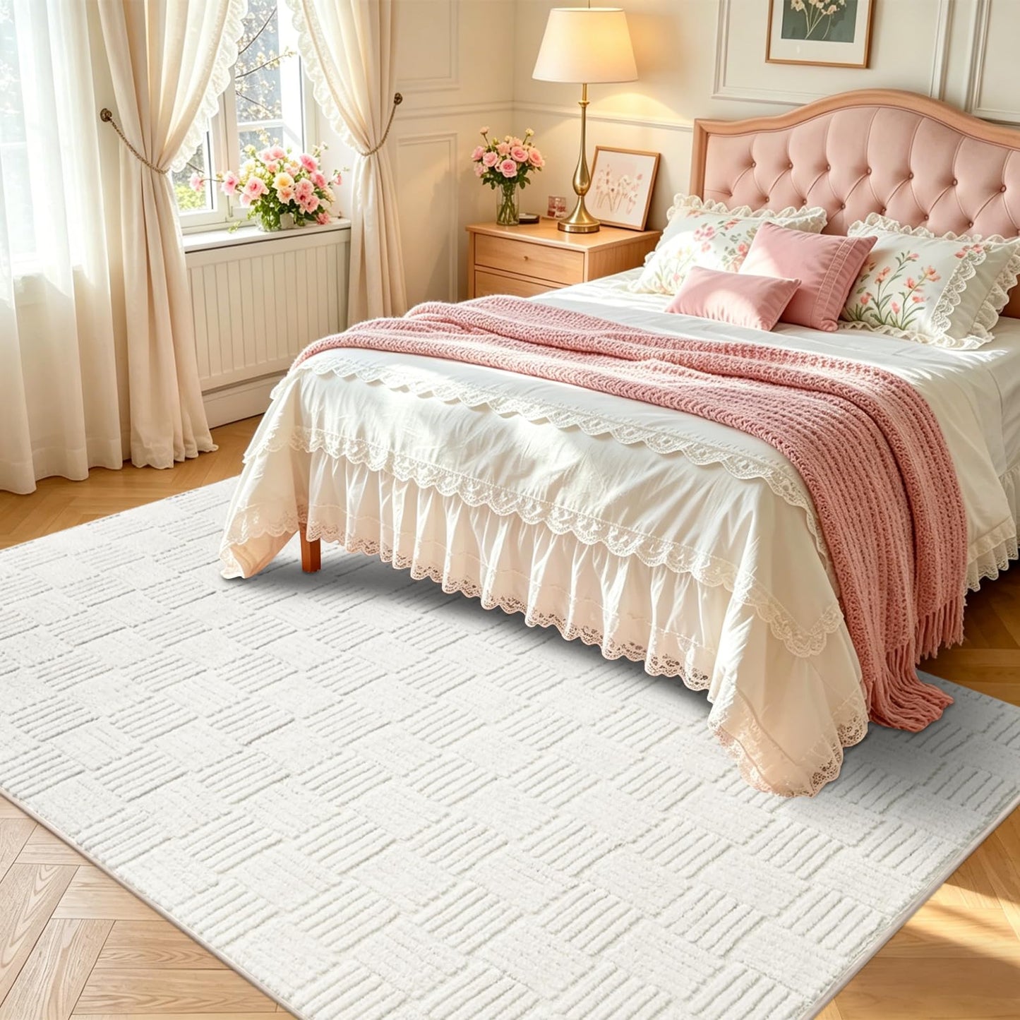 5x7 White Washable Shag Area Rug for Girls Bedroom, Modern Geometric Non Slip Living Room Rugs, Fluffy Soft Thick Carpet for Kids Room, Dorm, Office, and Home Decor