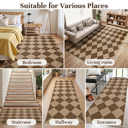 EDIMENS Checkered Easy Jute Area Rugs, 5x7 Outdoor Patio Rug for Entryway Indoor Outdoor Living Room Carpet, Brown Washable Non Slip Diamond Farmhouse Carpet for Backyard Front Porch Patio Balcony