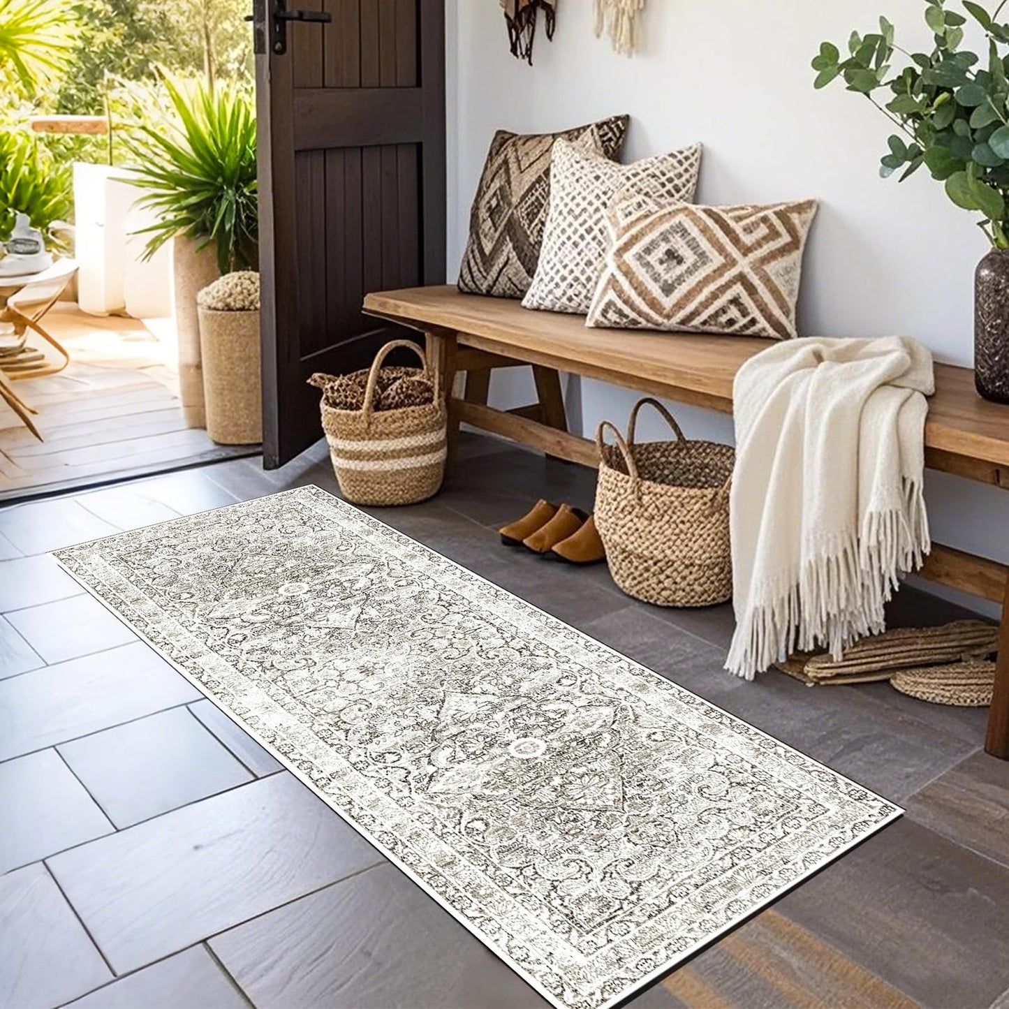 2x6 Hallway Runner Rug Washable : Vintage Soft Kitchen Laundry Runner Non Slip,Farmhouse Entryway Bathroom Distressed Floor Mat,Stain Resistant Bedroom Living Room Beside Carpet