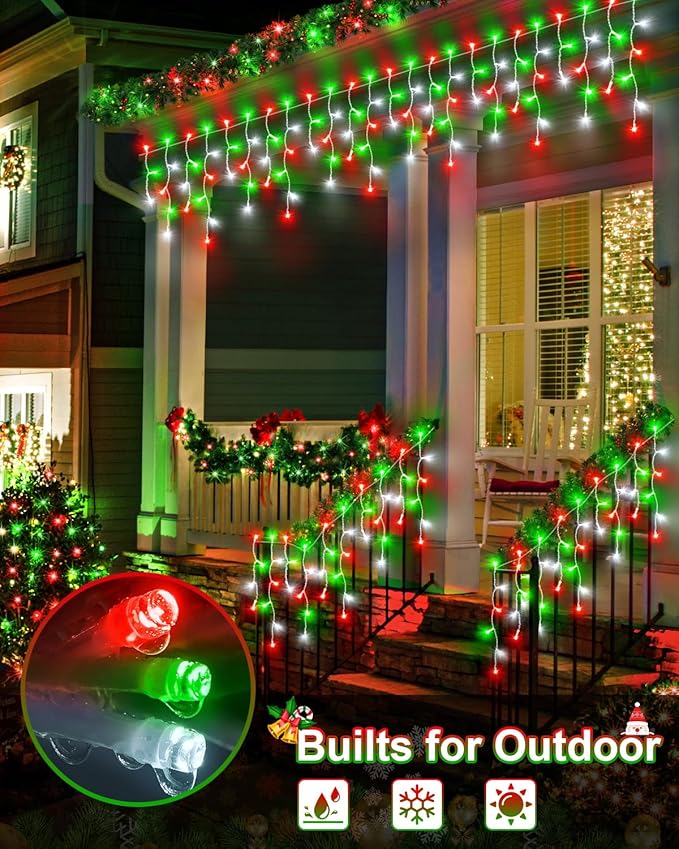 159 FT Christmas Lights Outdoor, 1458 LED Waterproof Outside Christmas Lights Plug in, Timer & Memory, 8 Modes Fairy Lights with 324 Drops for House Eaves Yard Patio Red Green and Cool White