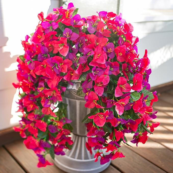HyeFlora Bougainvillea Artificial Hanging Flowers Plants for Outdoors Decoration, 2pcs Fake Flowers Silk Bougainvillea Vines Realistic UV Resistant Faux Flowers for Outdoor Planters Porch Patio, Mix