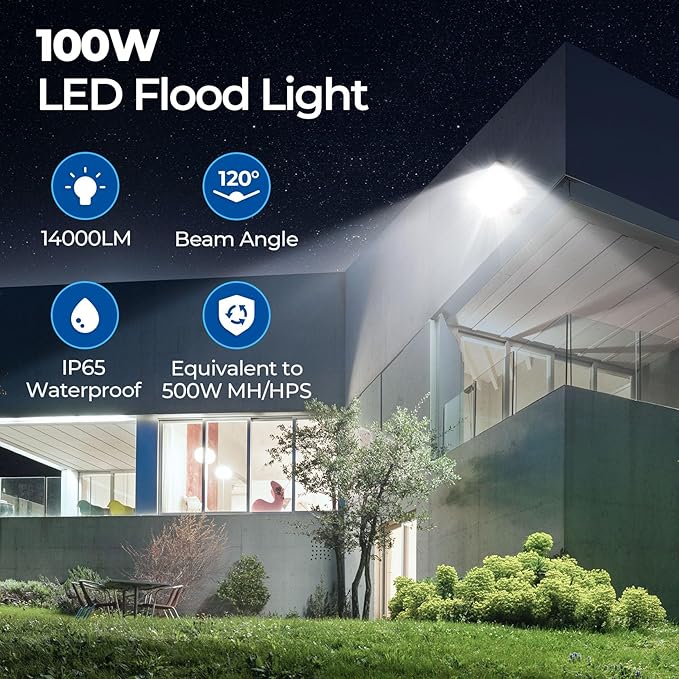 CINOTON 100W LED Flood Lights Outdoor, 15000LM IP65 Waterproof Security Wall Pack Lighting Fixture with 180° Knuckle for Court Porch Patio Garage 5000K Daylight AC100-277V 1 Pack