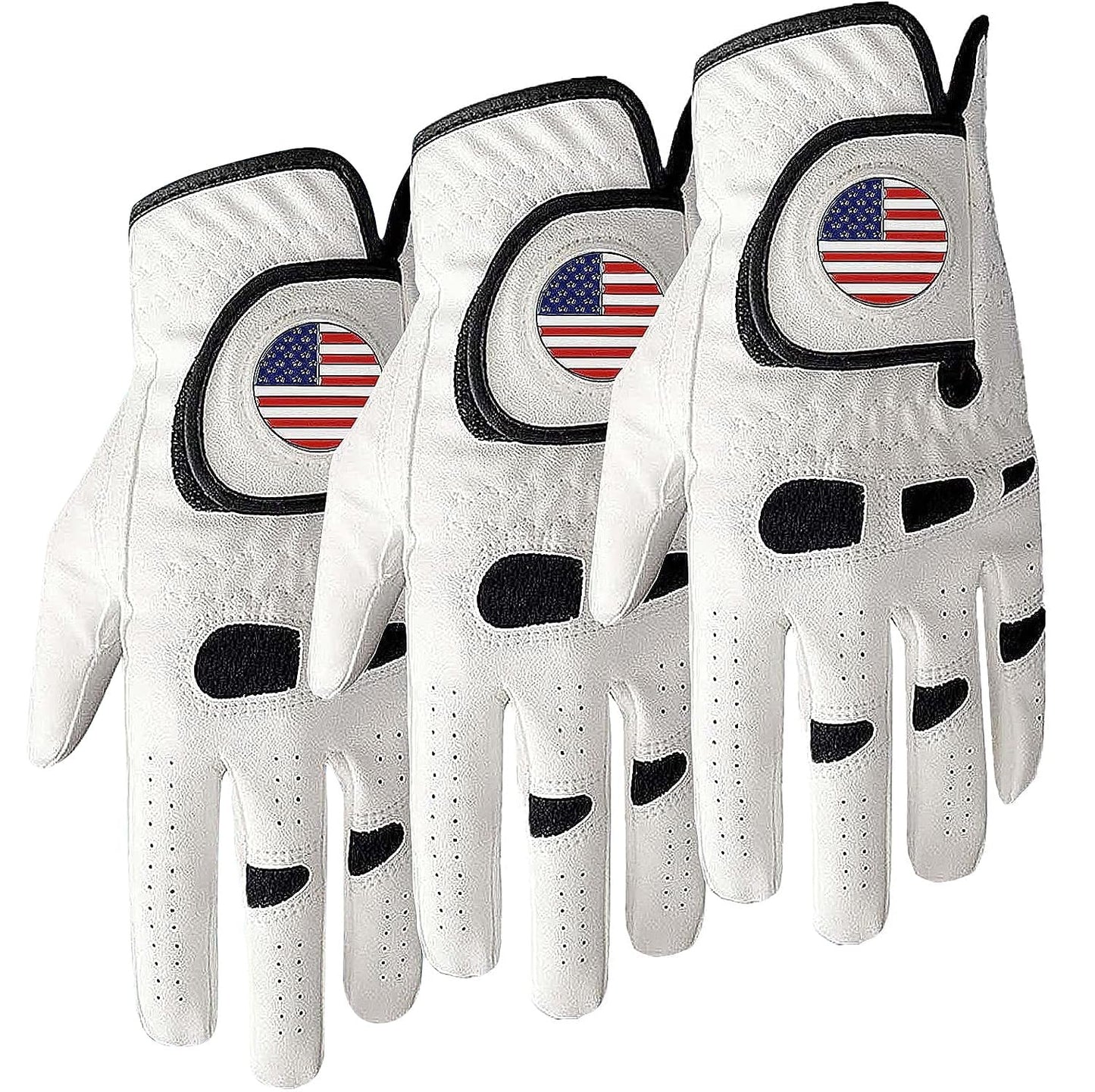 Amy Sport Golf Gloves Men Left Hand Right Handed Golfer 3 Pack with Ball Marker Soft Leather Weathersof Grip Mens Glove Size S M ML L XL XXL 3XL (3 Pack-White, Large, Worn on Left Hand)