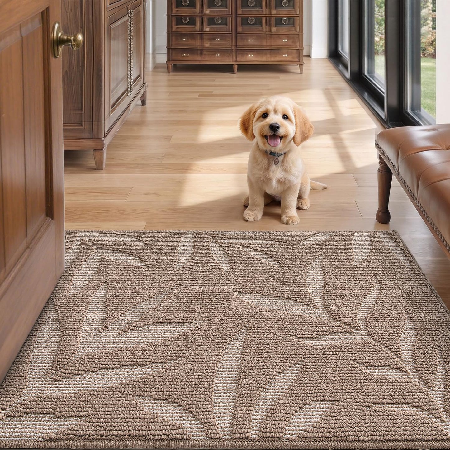 LUMI Front Door Mat Indoor Entrance 32"x48", Low Profile Welcome Mat, Non-Slip Washable Doormat with Rubber Backing for Entrance, Patio, Garage, Beige