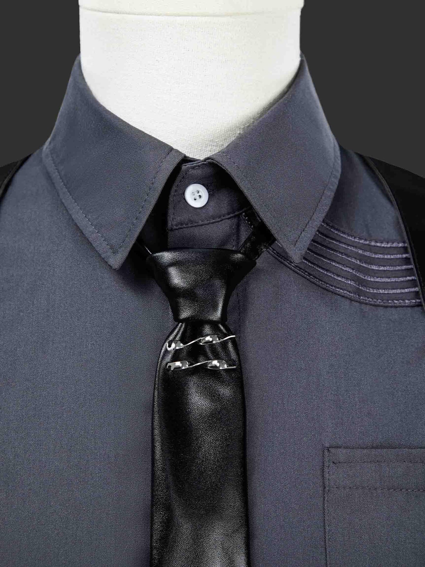 miccostumes Unisex Cosplay Accessory Black Leather Body Harness Belt Set with Waist Chain Gloves Necktie (black, S/M)