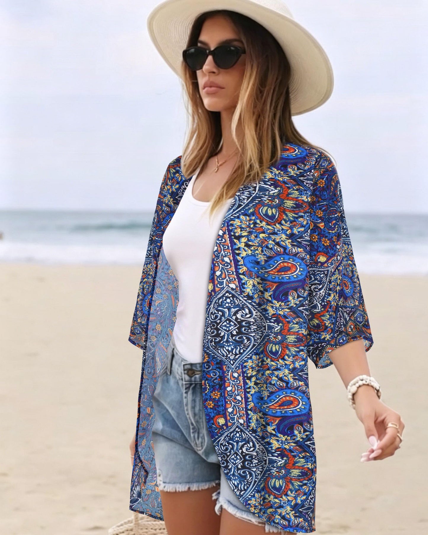 Women's Floral Kimono Print Puff Sleeve Loose Cardigan Cover Up Casual Blouse Tops (Purple Boho, S)