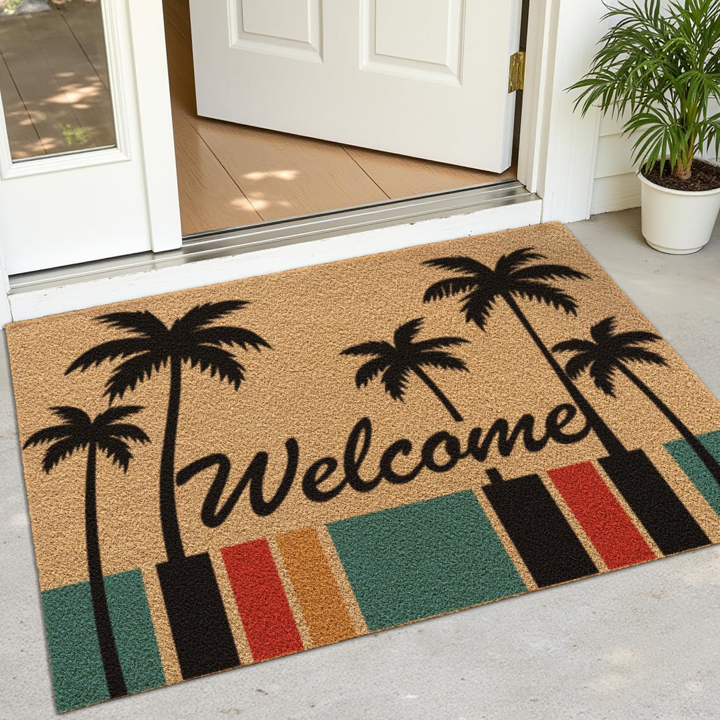 DEXI Front Door Mat Outside Entrance, 32x48 Heavy Duty Welcome Entry Summer Tropical Plant Doormat, Non Slip Entryway Floor Dirt Trapper for Porch Patio, Coconut Tree