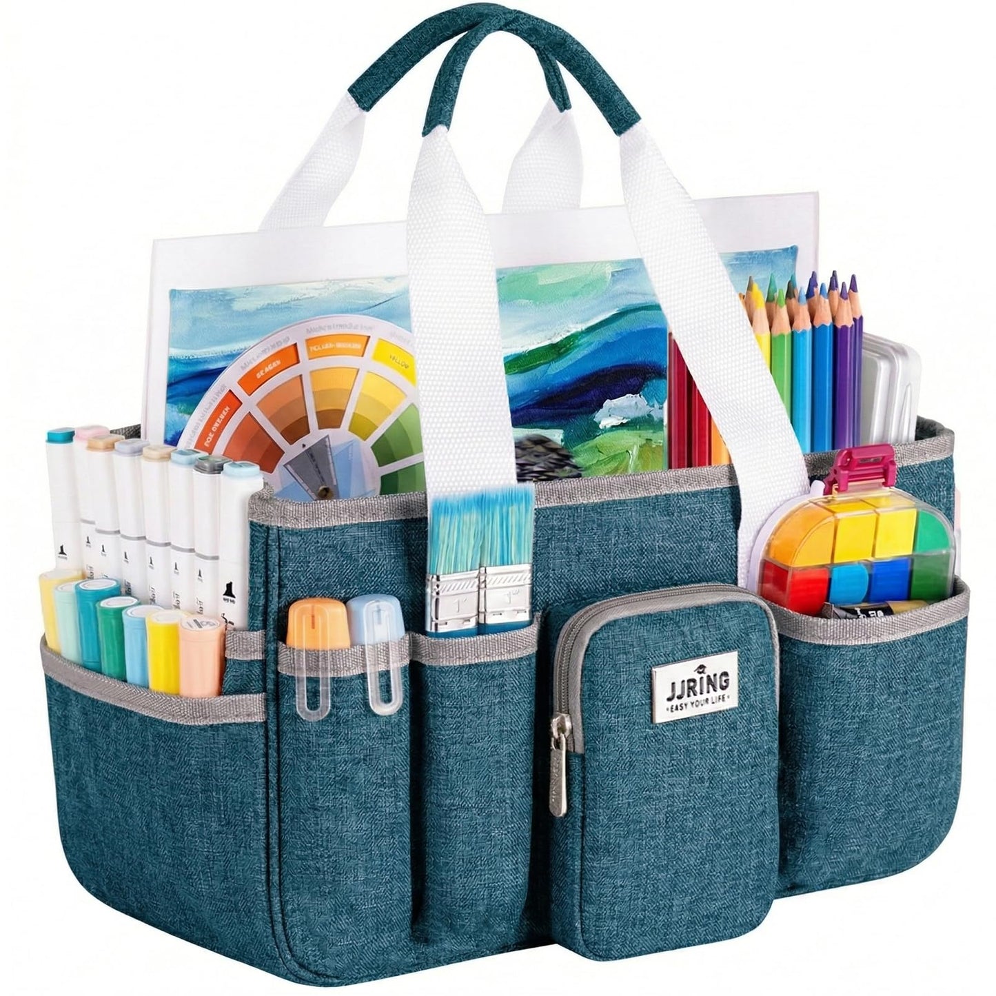 Jjring Craft Organizer Tote Bag, Portable Art Caddy with Adjustable Divider&Secure Zipper Pocket, Large Foldable Storage Tote for Scrapbooking, Sewing, Artist and Home(Green)