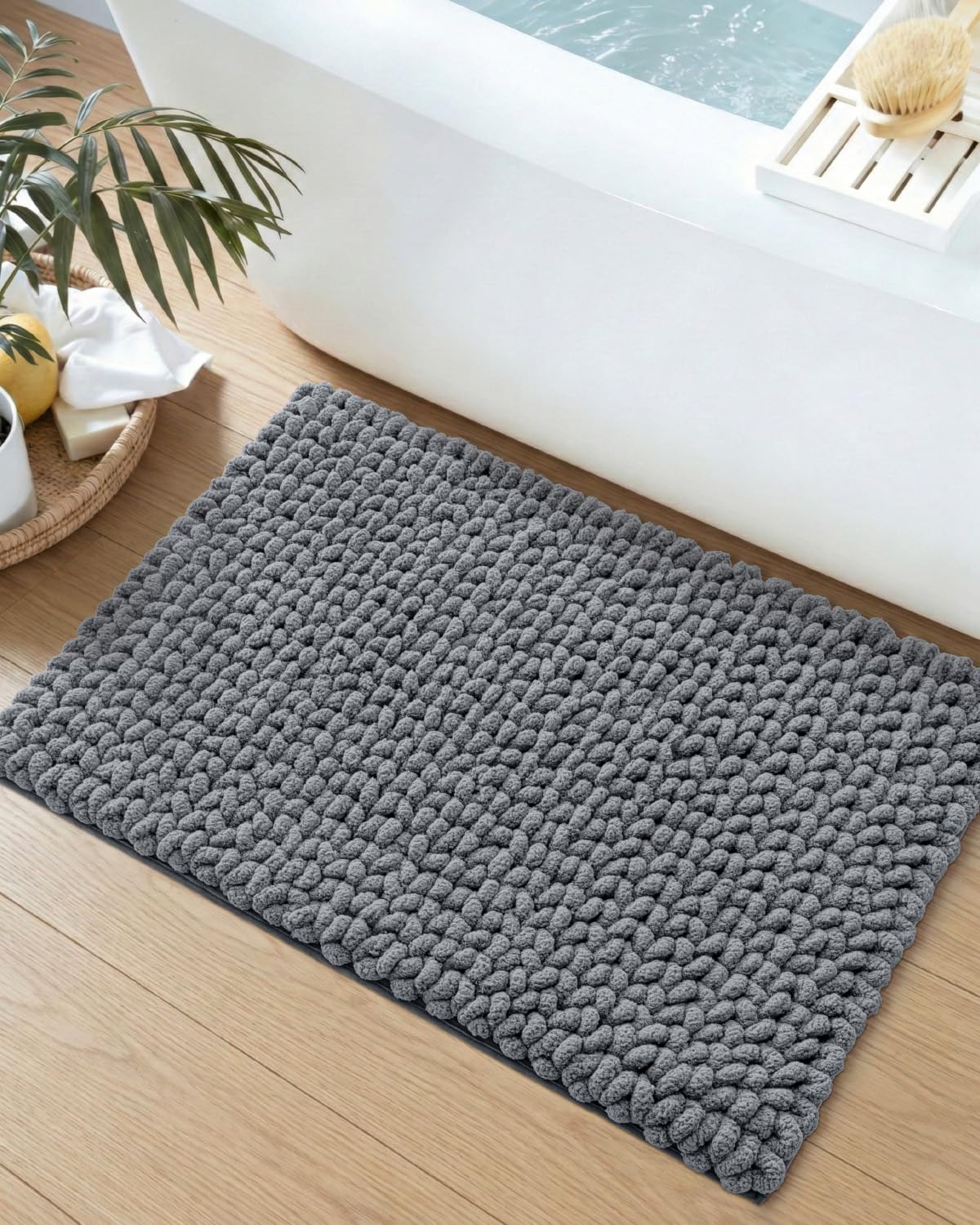 DEXI Bathroom Rugs 24x36, Non Slip Washable Bath Mat, Luxury Chenille Super Absorbent Ultra Thick Bathmats for Shower Floor, Plush Fluffy Shaggy Carpet for Tub, Dark Grey