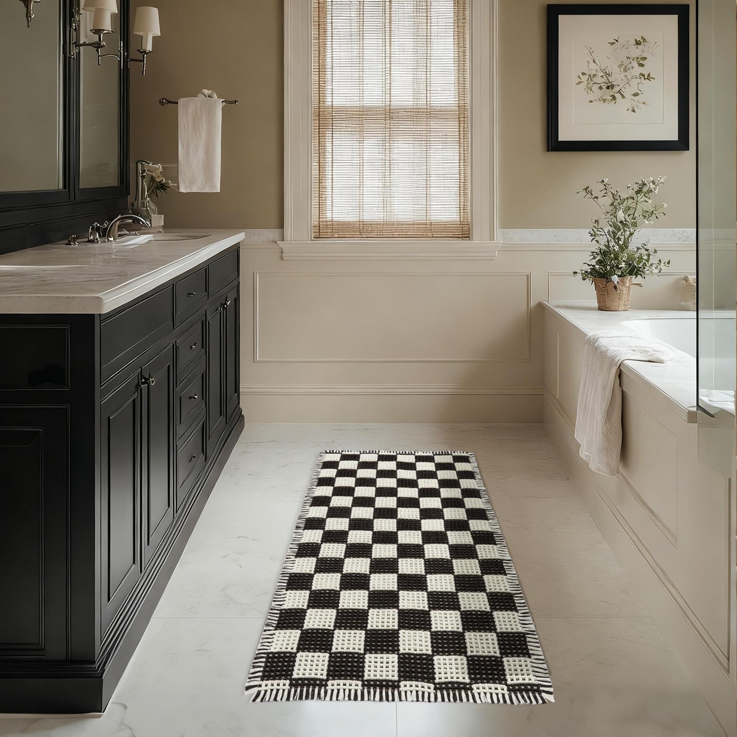 MatEssenz Checkered Runner Rug 2'x4', Black and White Waffle Weave Long Bathroom Rug with Tassels, Non-Slip & Quick Dry Bath Mat for Double Vanity & Kitchen, Machine Washable Boho Decor