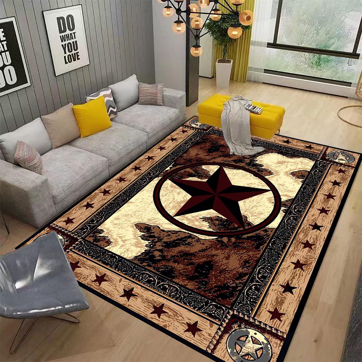 Brown Rustic Western Texas Star Modern Area Rug Primitive Carpet Farmhouse Rug Cowhide Runner Rug Non-Slipping Doormat for Hallway Kitchen Living Room Bedroom Laundry Room Entryway 5' x 7'