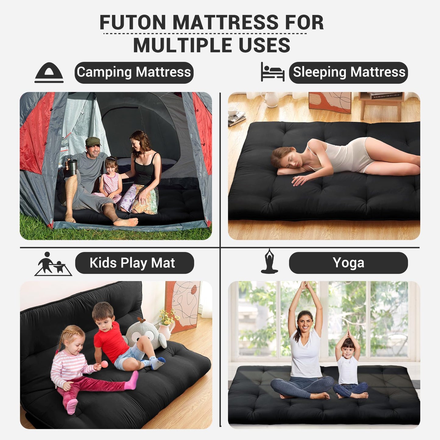 GarveeHome Japanese Floor Mattress, Futon Mattress Full Size 54 in x 80 in, Roll Up Mattress for Floor Tatami Mat, Sleeping Mat Camping Mattress Pad for Dormitory Guest Room, Black