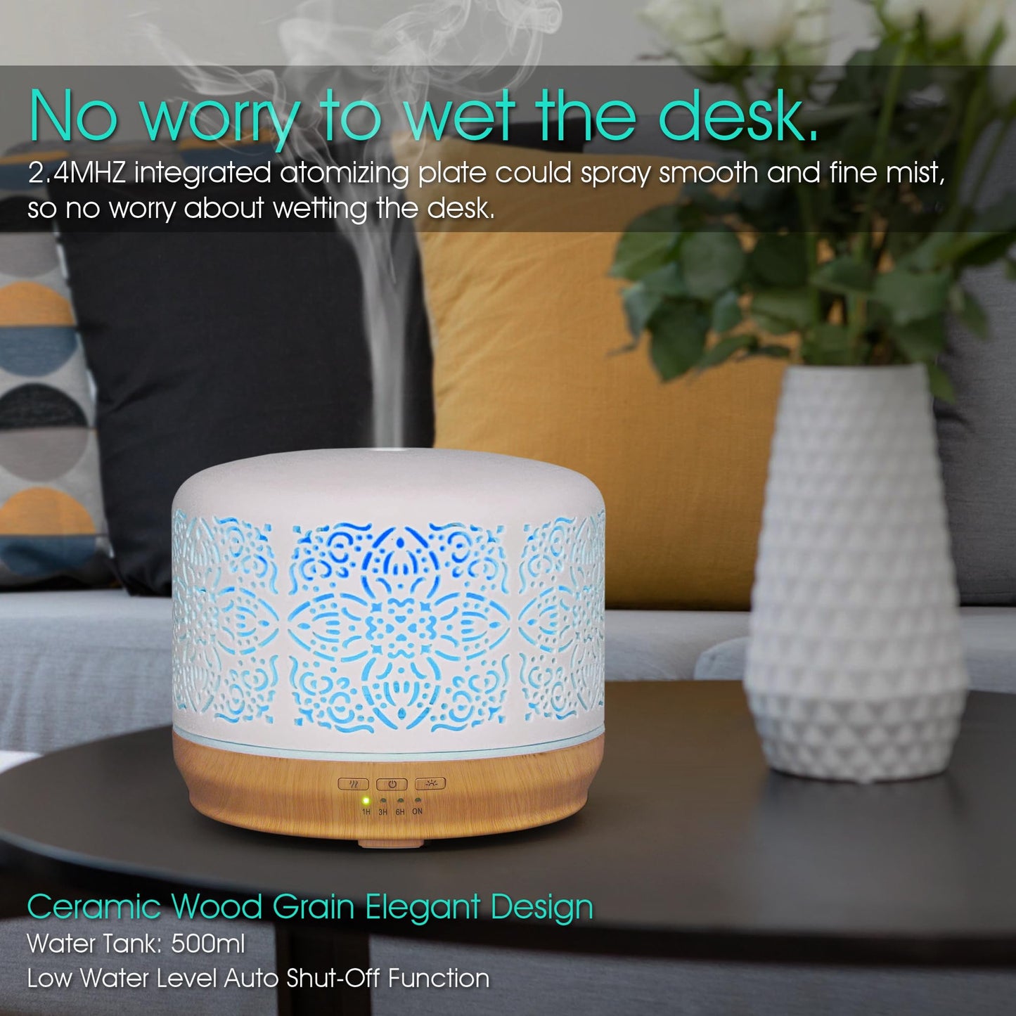 Earnest Living Essential Oil Diffuser White Ceramic Diffuser 100 ml Timers Night Lights and Auto Off Function Home Office Humidifier Aromatherapy Diffusers for Essential Oils