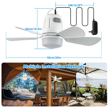 Gliztech Gazebo Fan Outdoor Hanging with Light, Patio Plug in Ceiling Fan with 16.5ft Cord, Remote & Hook, Portable for Outside Canopy, Pop up Tent, Pergola (20'')