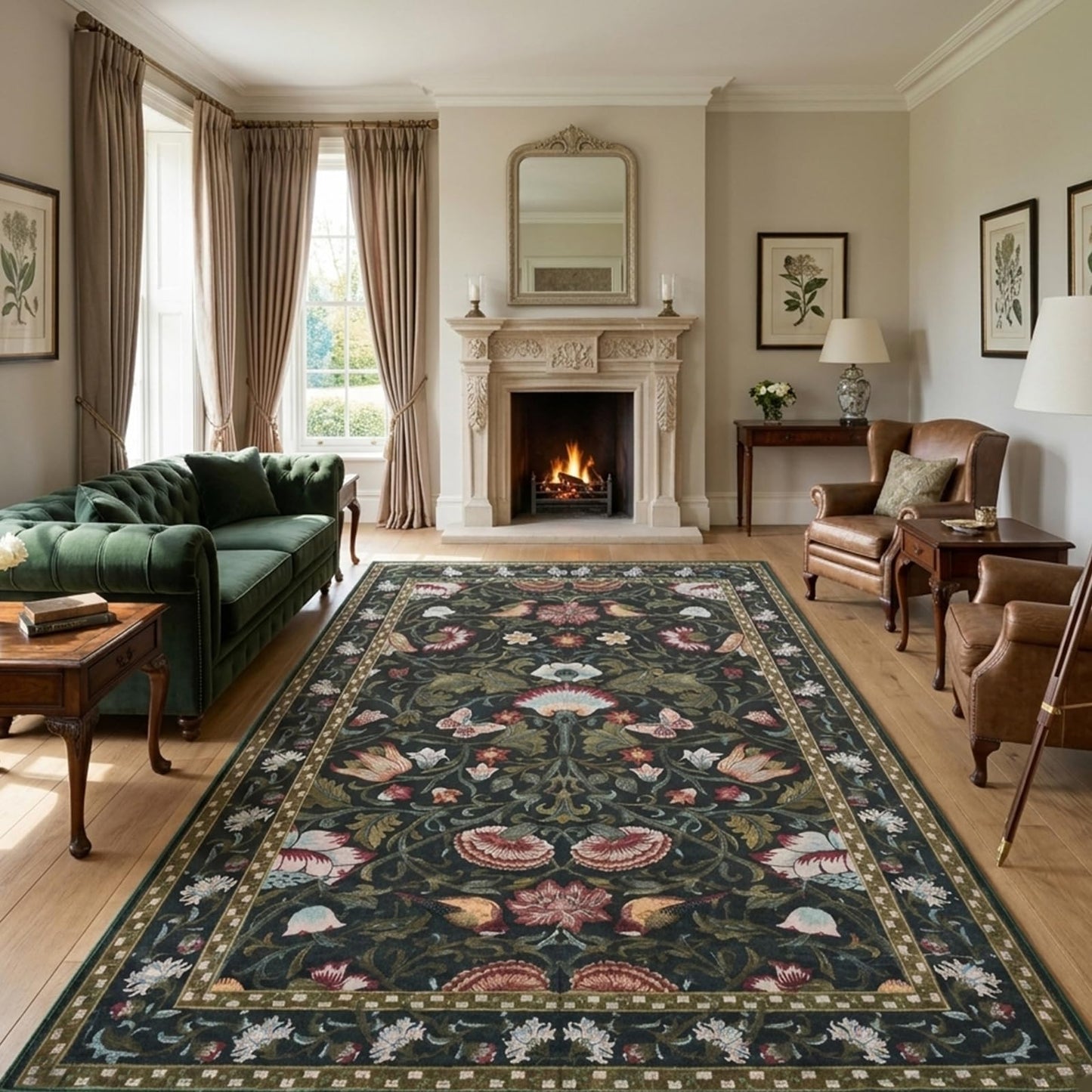 Helthep 5 * 7 Vintage Floral Bird Washable Green Area Rug for Living Room